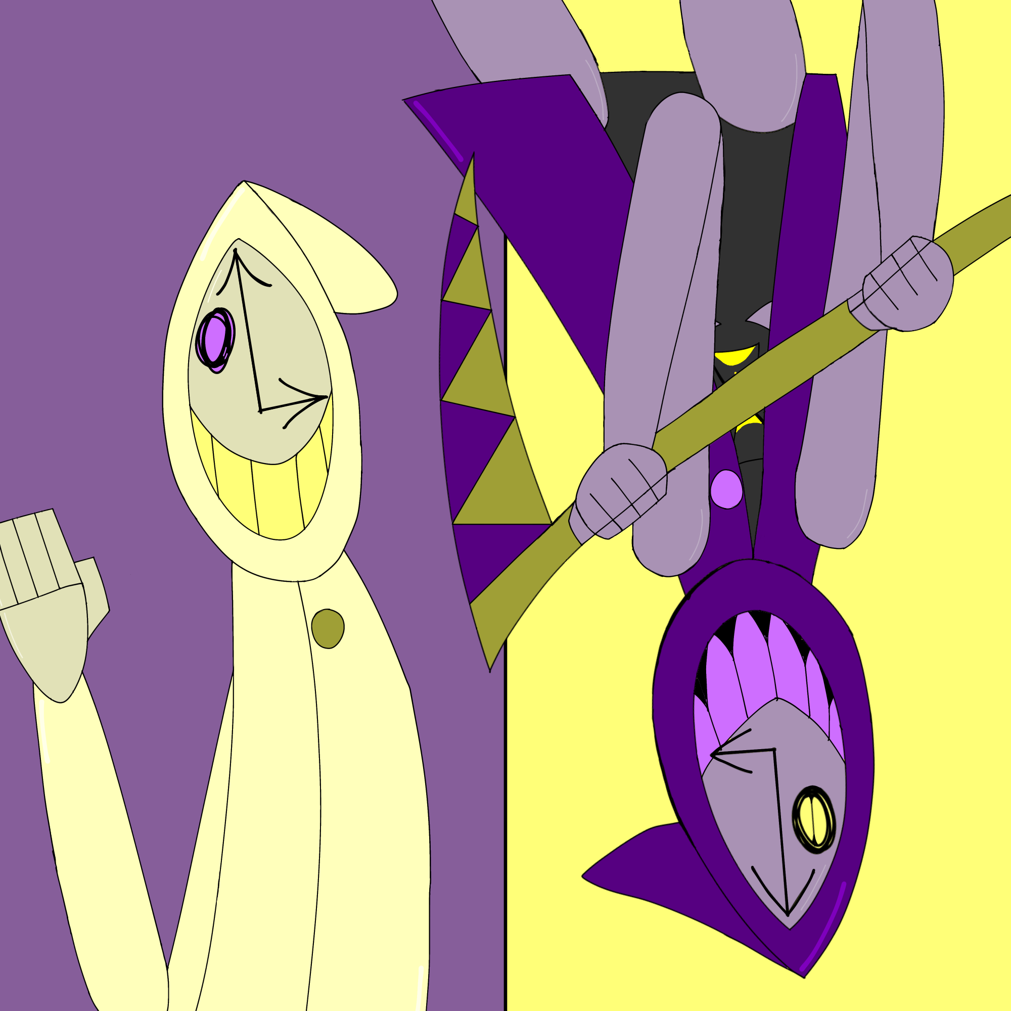 Art of my original characters, Victor Hawthorne and The Clock Reaper. Victor has a yellow raincoat, a clock face, and is waving shyly at the viewer. The Clock Reaper is upside down and grinning menacingly, with a purple raincoat and holding a scythe in his hands.
